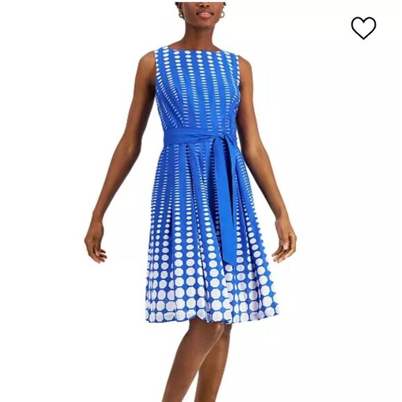 Anne Klein Cotton Tie Waist Fit & Flare Printed Sleeveless Dress Blue White 10P - Picture 1 of 14